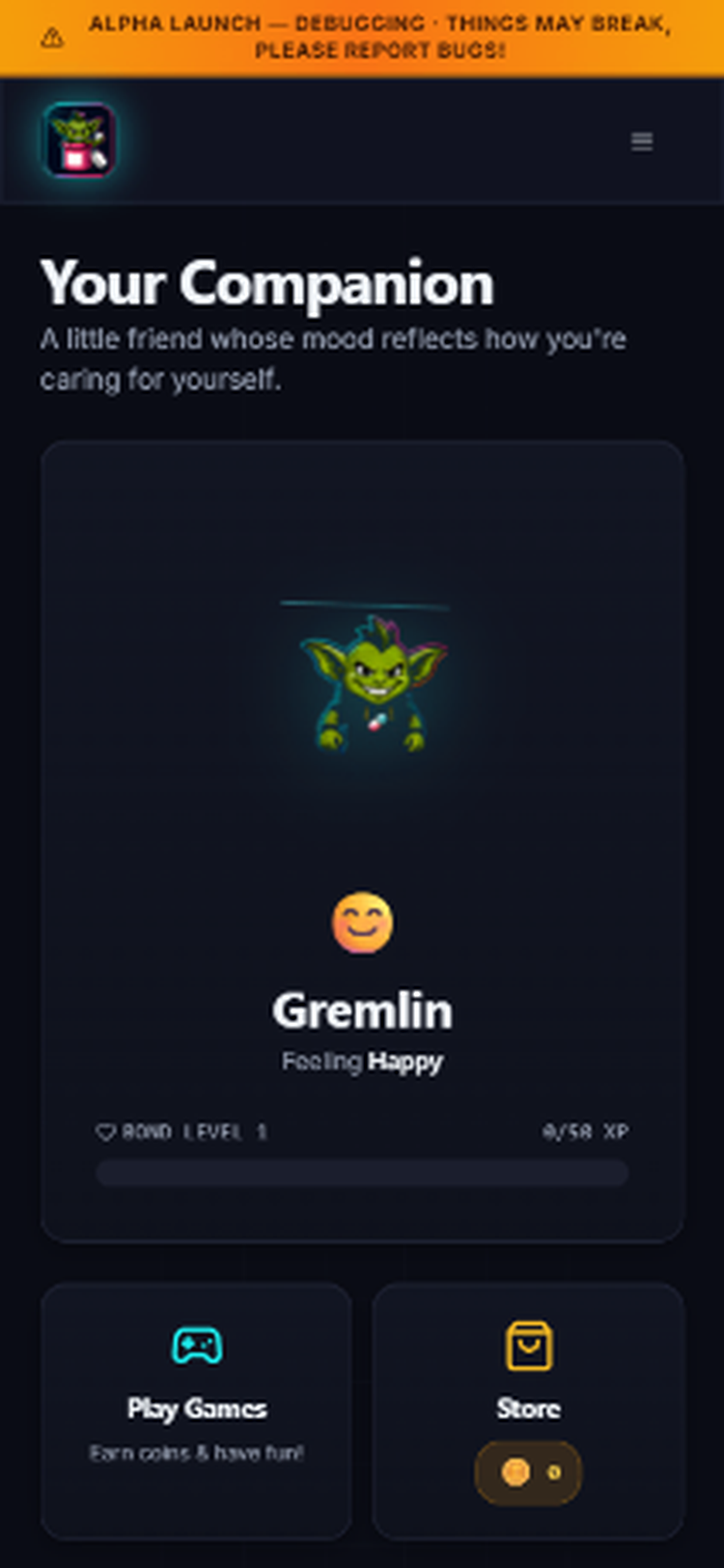 Pill Gremlin app — A little friend cheering you on